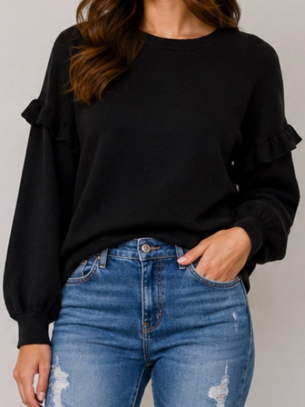 Monrow Black Knit Ruffle Sleeve Sweater Medium